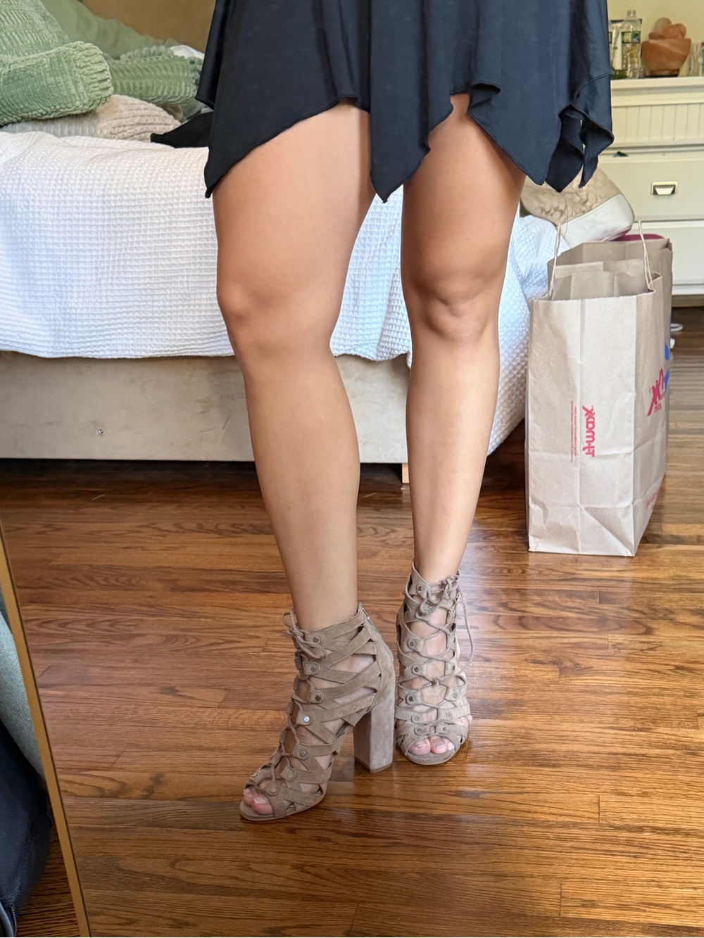 Dolce Vita Almond Taupe Lace-Up Suede Peep-Toe Block Heels